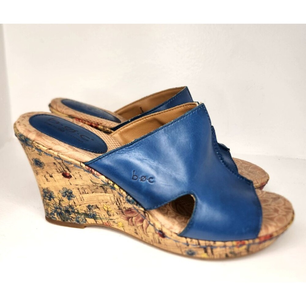 Born Concept (boc) Mules Blue Leather Cork Wedge Heels Floral  Women's Size 9M